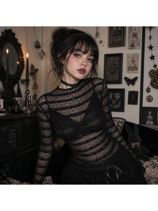 Moda International Tops - Y2K Black Sheer Mesh Lace Top Shirt Sz M Longsleeve Sequins Goth VTG